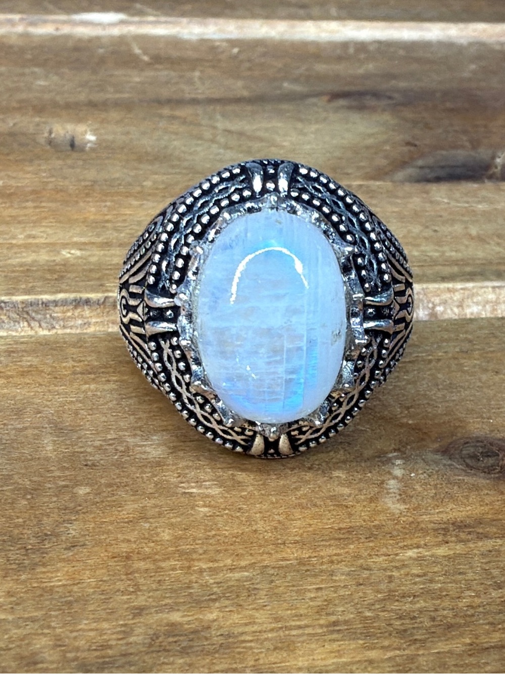 Vintage Style Gothic Design Rainbow Moonstone Ring Size 8 Silver 925 Overlay